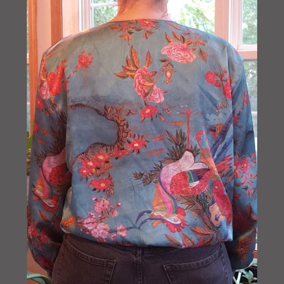 Teal Floral Satin Bomber Jacket - Picture 2 of 3